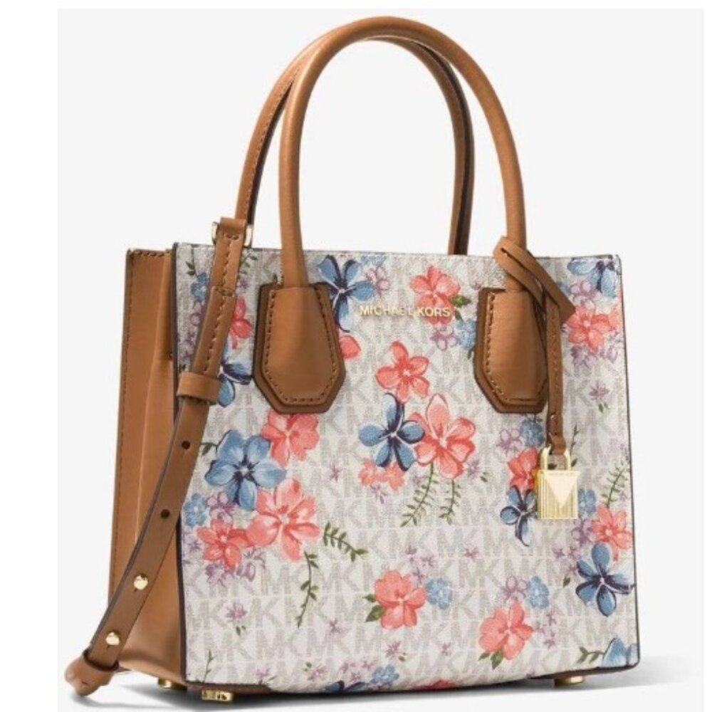 Like New MICHAEL KORS MERCER MEDIUM FLORAL LOGO ACCORDION CROSSBODY BAG